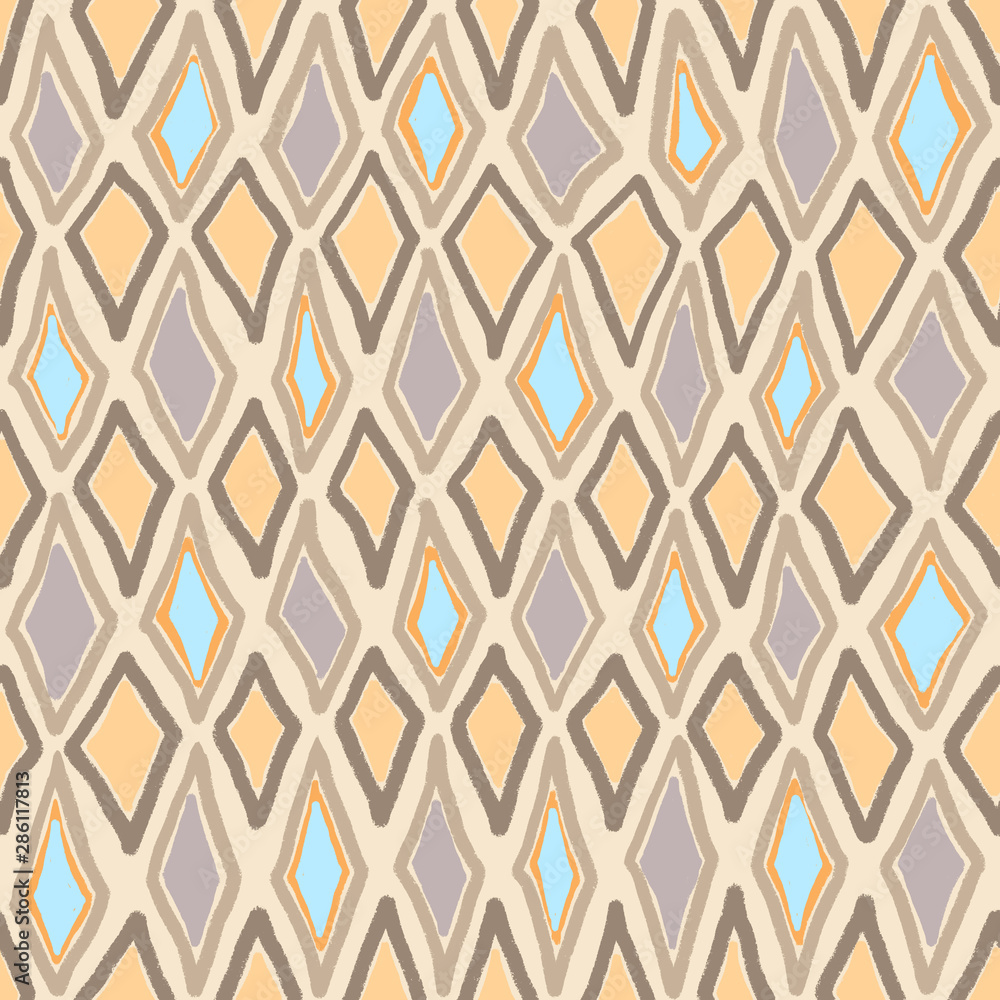 Naklejka premium Abstract, seamless, geometric background in festive style, hand-drawn. The template can be used for Wallpaper, postcards, envelopes, cover fills, web page background, surface textures.