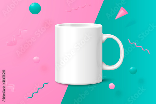 Vector 3d realistic white cup abstract scene with pink, green and white balls and objects.