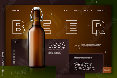 Vector realistic 3d retro beer bottle on dark site template. Mock-up for product package branding.