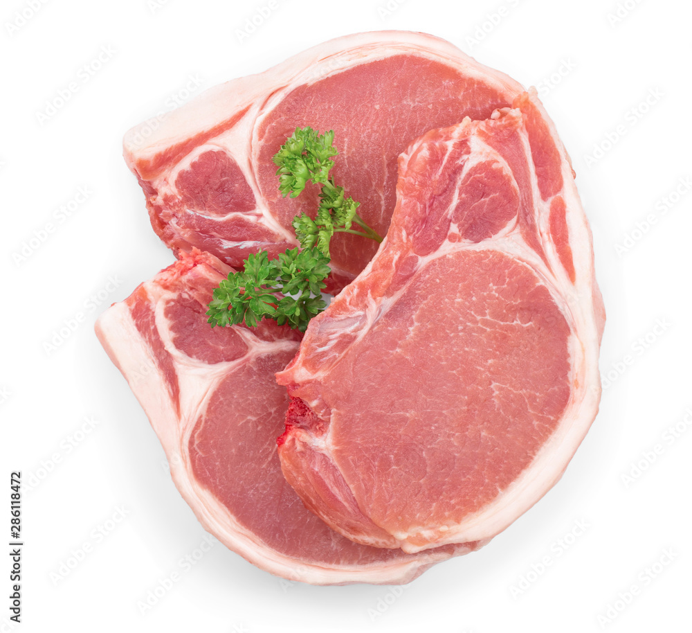 sliced raw pork meat with parsley isolated on white background. Top view. Flat lay sliced raw pork meat with parsley isolated on white background. Top view. Flat lay