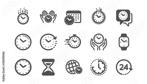 Time and clock icons. Timer, Alarm and Smartwatch. Time management, 24 hour clock, deadline alarm icons. Sand hourglass, smartwatch, timer stopwatch. Classic set. Quality set. Vector