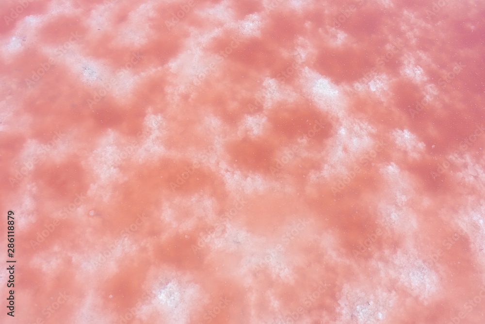 close up of high resolution texture of pink crystallized salt in a lake. space landscapes. Beatiful colors of nature. Travel photo background. Dried pink sea salt in the ground.