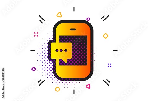 Cellphone or Phone messenger sign. Halftone circles pattern. Smartphone Message icon. Ð¡ommunication Mobile device with Chat symbol. Classic flat smartphone message icon. Vector