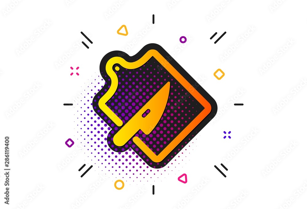 Cutlery sign. Halftone circles pattern. Cutting board icon. Cooking knife symbol. Classic flat cutting board icon. Vector Cutlery sign. Halftone circles pattern. Cutting board icon. Cooking knife symbol. Classic flat cutting board icon. Vector