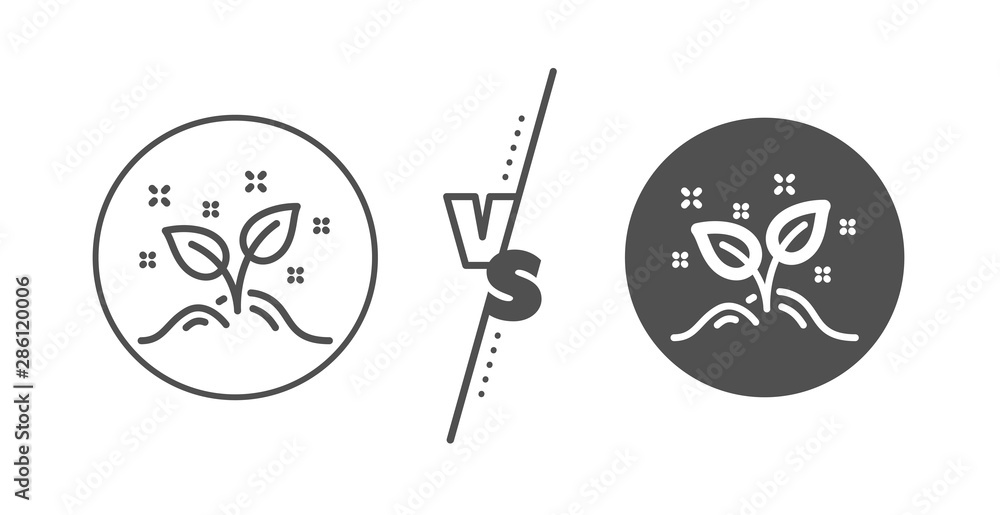 Idea leaves sign. Versus concept. Startup concept line icon. Launch project symbol. Line vs classic startup concept icon. Vector