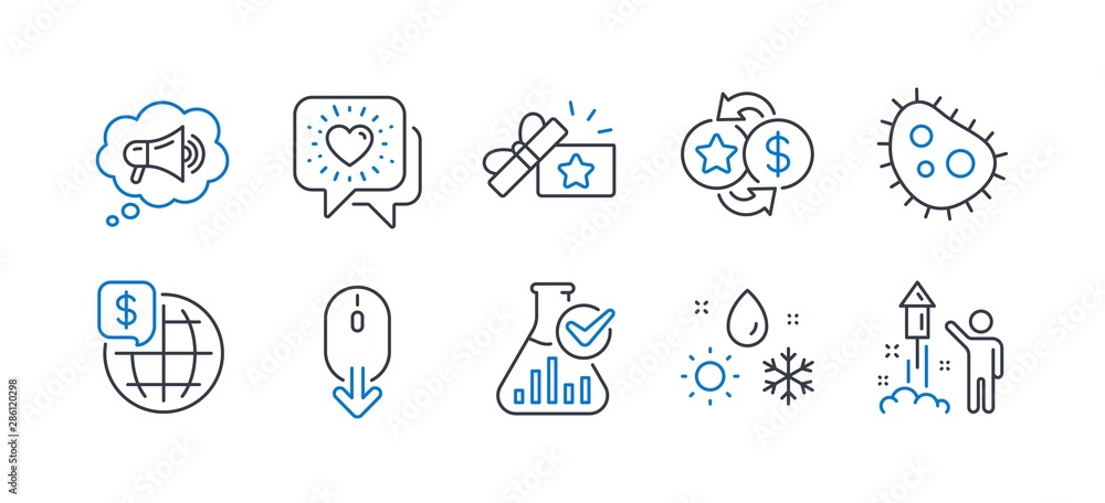 Set of Business icons, such as World money, Bacteria, Scroll down, Loyalty points, Loyalty gift, Friends chat, Chemistry lab, Weather, Megaphone, Fireworks line icons. Line world money icon. Vector Set of Business icons, such as World money, Bacteria, Scroll down, Loyalty points, Loyalty gift, Friends chat, Chemistry lab, Weather, Megaphone, Fireworks line icons. Line world money icon. Vector