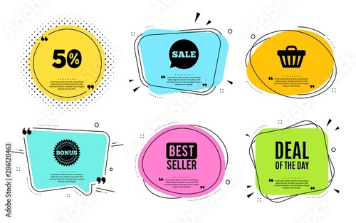 Deal of the day symbol. Best seller, quote text. Special offer price sign. Advertising discounts symbol. Quotation bubble. Banner badge, texting quote boxes. Day deal text. Coupon offer. Vector