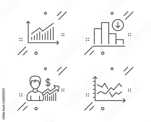 Decreasing graph, Business growth and Graph line icons set. Diagram chart sign. Crisis chart, Earnings results, Presentation diagram. Finance set. Line decreasing graph outline icon. Vector