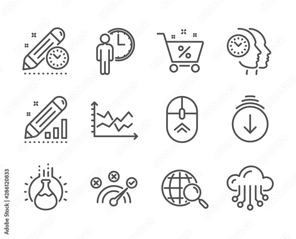 Set of Technology icons, such as Chemistry experiment, Swipe up, Time management, Cloud storage, Diagram chart, Scroll down, Waiting, Correct answer, Web search, Loan percent line icons. Vector Set of Technology icons, such as Chemistry experiment, Swipe up, Time management, Cloud storage, Diagram chart, Scroll down, Waiting, Correct answer, Web search, Loan percent line icons. Vector