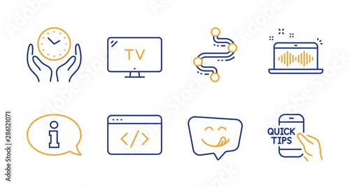 Information, Safe time and Tv line icons set. Seo script, Yummy smile and Music making signs. Timeline, Education symbols. Info center, Hold clock. Technology set. Line information icon. Vector