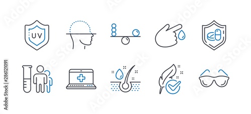 Set of Healthcare icons, such as Medical help, Face scanning, Medical tablet, Blood donation, Hypoallergenic tested, Balance, Serum oil, Uv protection, Eyeglasses line icons. Vector
