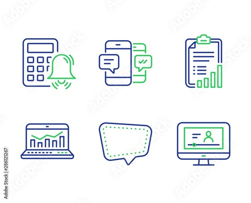 Chat message, Checklist and Calculator alarm line icons set. Web analytics, Smartphone sms and Online video signs. Speech bubble, Graph report, Accounting. Statistics. Education set. Vector