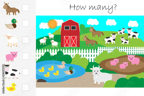 How many counting game, farm with animals for kids, educational maths task for the development of logical thinking, preschool worksheet activity, count and write the result, vector illustration