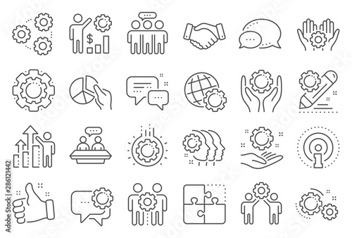 Employees benefits line icons. Business strategy, handshake and people collaboration. Teamwork, social responsibility, people relationship icons. Growth chart, employees benefits. Vector