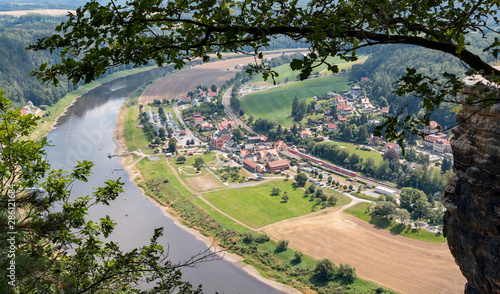 Scenic view over the village Rathen and the Elbe River in the Saxon Switzerland.