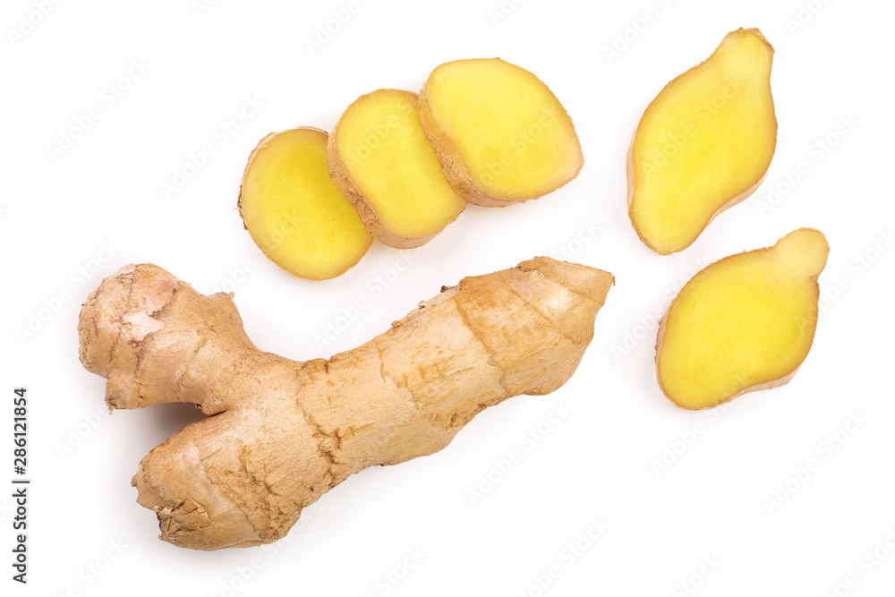 fresh Ginger root and slice isolated on white background. Top view. Flat lay fresh Ginger root and slice isolated on white background. Top view. Flat lay