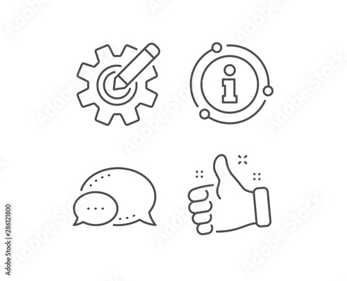 Cogwheel line icon. Chat bubble, info sign elements. Engineering tool sign. Edit settings symbol. Linear cogwheel outline icon. Information bubble. Vector