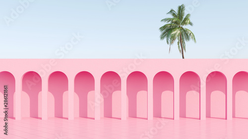 Obraz na plátně Pink arc column with colorful curtains and tropical home plant for retro poster like stranger things