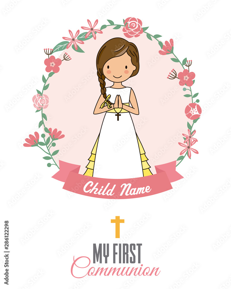 Invitation my first communion. Girl inside a flower frame Invitation my first communion. Girl inside a flower frame