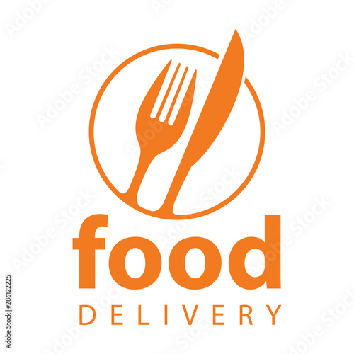 Fresh Food logo design template. Vector color hand like illustration background. Graphic fork icon symbol for cafe, restaurant, cooking business. Modern linear catering label, emblem, badge in circle