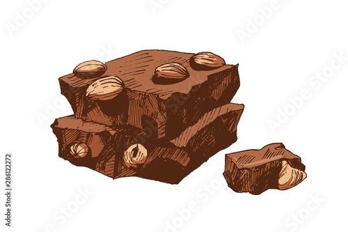 Vintage realistic colored drawing of pieces of broken chocolate bar