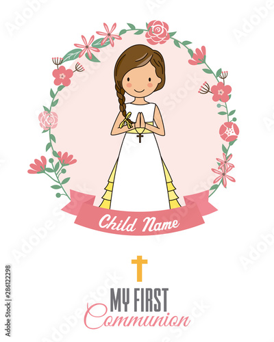 Invitation my first communion. Girl inside a flower frame