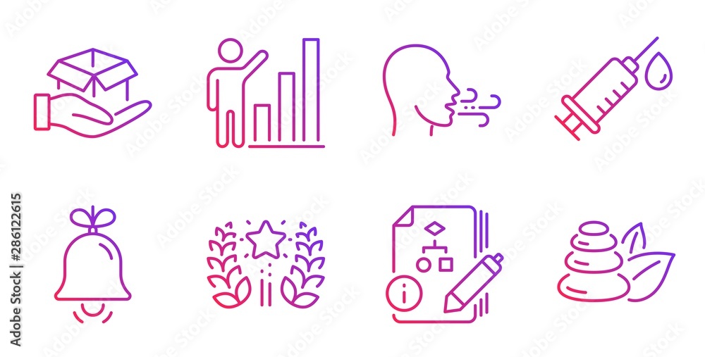 Bell, Graph chart and Medical syringe line icons set. Ranking, Hold box and Breathing exercise signs. Algorithm, Spa stones symbols. Alarm signal, Growth report. Business set. Vector Bell, Graph chart and Medical syringe line icons set. Ranking, Hold box and Breathing exercise signs. Algorithm, Spa stones symbols. Alarm signal, Growth report. Business set. Vector