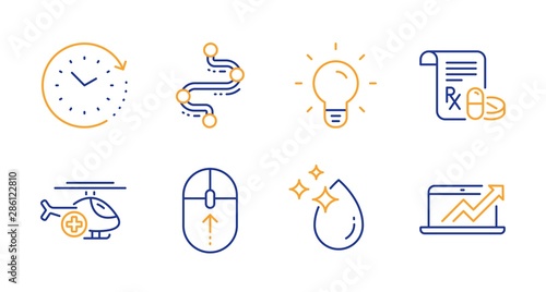 Swipe up, Time change and Medical helicopter line icons set. Light bulb, Timeline and Medical prescription signs. Water drop, Sales diagram symbols. Scrolling page, Clock. Science set. Vector