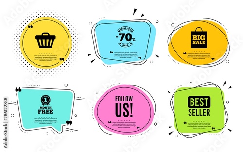 Follow us symbol. Best seller, quote text. Special offer sign. Super offer. Quotation bubble. Banner badge, texting quote boxes. Follow us text. Coupon offer. Vector