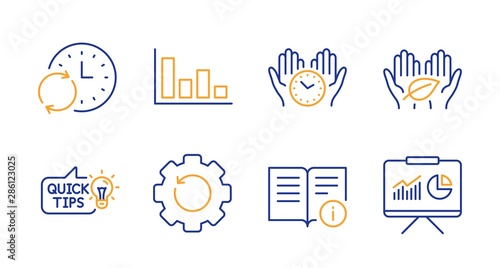 Education idea, Histogram and Fair trade line icons set. Safe time, Technical info and Update time signs. Recovery gear, Presentation symbols. Quick tips, Economic trend. Science set. Vector