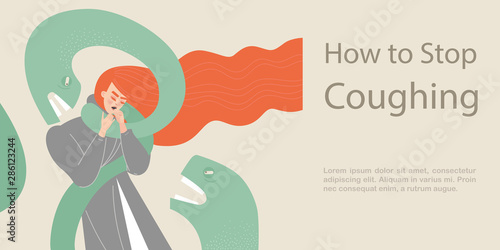 How to stop coughing. Symbolic illustration with a cold girl and a large green snake symbolizing the disease.