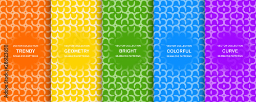 Set of bright seamless geometric patterns with creative unusual shapes. Stylish colorful curve textures. Simple endless vibrant backgrounds