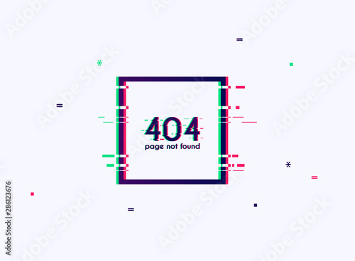 Error with glitch effect on screen. Error 404 page not found. Flat design modern vector illustration concept.