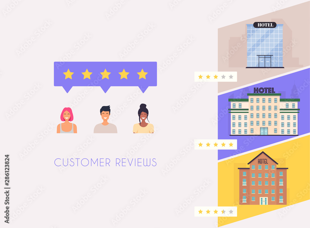 Customer get reviews about hotels. Concept of feedback, testimonials messages and notifications. Rating on customer service illustration. Five stars rating flat style vector concept.