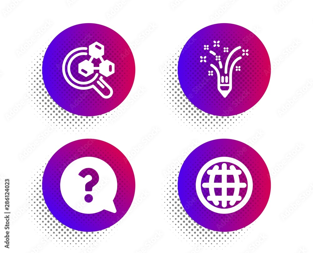 Inspiration, Chemistry lab and Question mark icons simple set. Halftone dots button. Globe sign. Creativity pencil, Lab research, Help support. Internet world. Education set. Vector Inspiration, Chemistry lab and Question mark icons simple set. Halftone dots button. Globe sign. Creativity pencil, Lab research, Help support. Internet world. Education set. Vector
