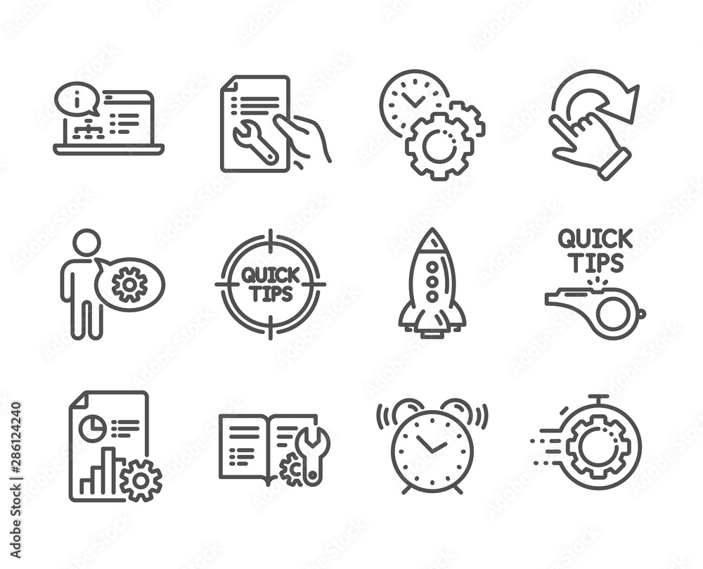 Set of Technology icons, such as Tutorials, Cogwheel, Repair document, Tips, Online documentation, Engineering documentation, Seo timer, Rotation gesture, Report, Rocket, Time management. Vector Set of Technology icons, such as Tutorials, Cogwheel, Repair document, Tips, Online documentation, Engineering documentation, Seo timer, Rotation gesture, Report, Rocket, Time management. Vector