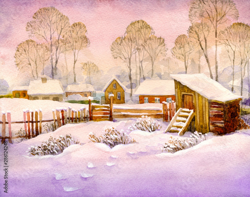Watercolor landscape of old winter village