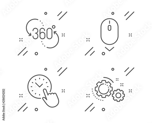 Scroll down, 360 degree and Time management line icons set. Gears sign. Mouse swipe, Virtual reality, Office clock. Work process. Technology set. Line scroll down outline icon. Vector