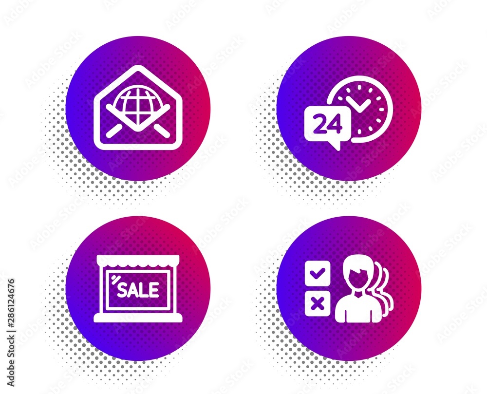 Sale, 24h service and Web mail icons simple set. Halftone dots button. Opinion sign. Shopping store, Call support, World communication. Choose answer. Business set. Classic flat sale icon. Vector
