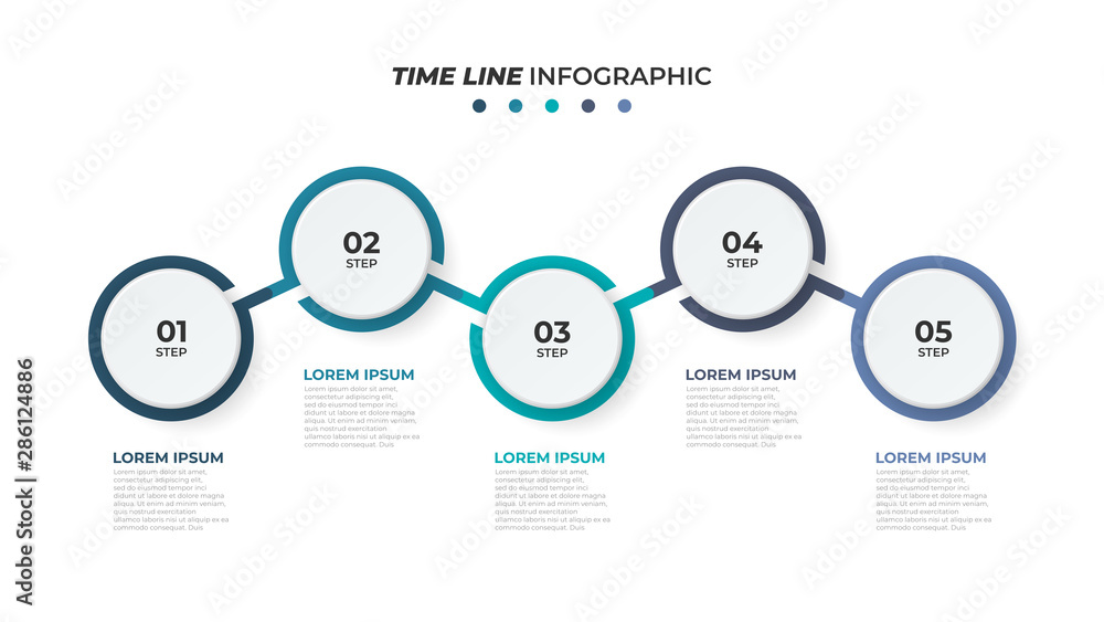 Business infographic. Timeline with 5 steps, circles and number options. Vector template for presentations. - obrazy, fototapety, plakaty 
