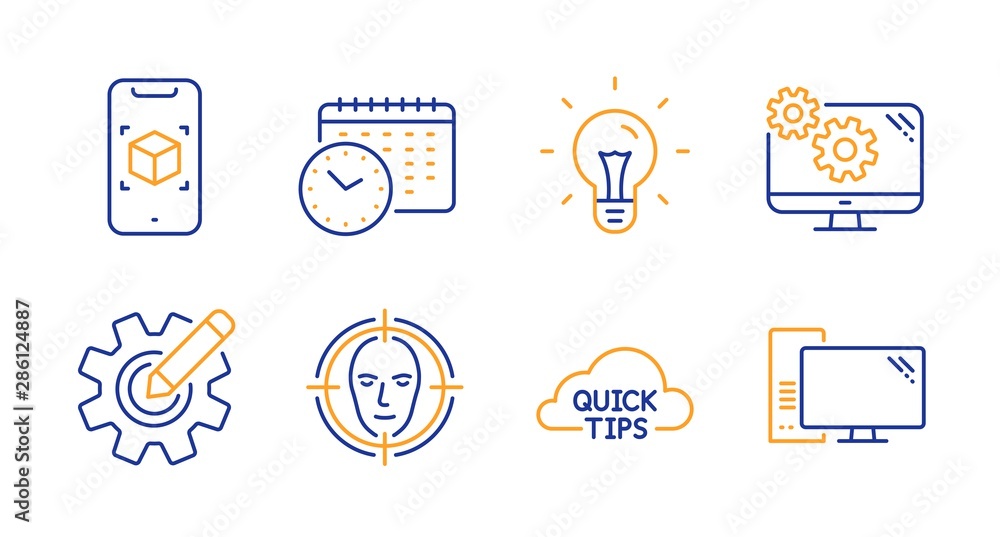 Idea, Calendar time and Cogwheel line icons set. Augmented reality, Settings and Quick tips signs. Face detect, Computer symbols. Light bulb, Clock. Science set. Line idea icon. Vector Idea, Calendar time and Cogwheel line icons set. Augmented reality, Settings and Quick tips signs. Face detect, Computer symbols. Light bulb, Clock. Science set. Line idea icon. Vector