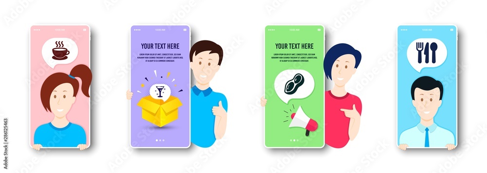 Fototapeta premium Cappuccino, Peanut and Cocktail icons simple set. People on phone screen. Food sign. Espresso cup, Vegetarian nut, Martini. Cutlery. Food and drink set. People chatting cartoon badge. Vector