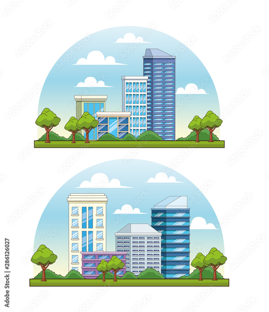 Set of City buildings and park with trees scenery