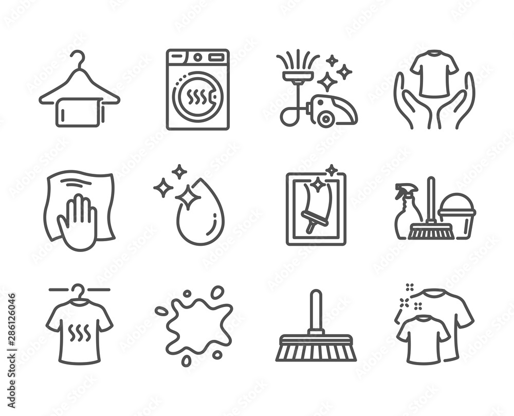 Set of Cleaning icons, such as Washing cloth, Window cleaning, Clean towel, Household service, Hold t-shirt, Water drop, Dirty spot, Dry t-shirt, Dryer machine, Cleaning mop line icons. Vector Set of Cleaning icons, such as Washing cloth, Window cleaning, Clean towel, Household service, Hold t-shirt, Water drop, Dirty spot, Dry t-shirt, Dryer machine, Cleaning mop line icons. Vector