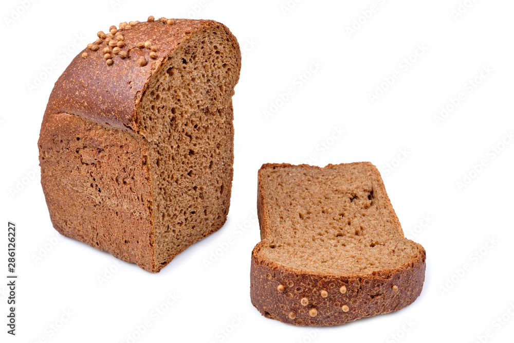 loaf of dark bread partly cut in slices, isolated on white loaf of dark bread partly cut in slices, isolated on white