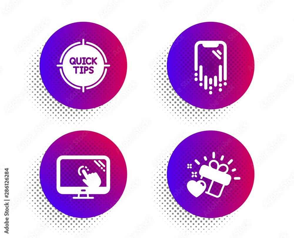 Tips, Smartphone recovery and Touch screen icons simple set. Halftone dots button. Love gift sign. Quick tricks, Phone repair, Web support. Heart. Business set. Classic flat tips icon. Vector Tips, Smartphone recovery and Touch screen icons simple set. Halftone dots button. Love gift sign. Quick tricks, Phone repair, Web support. Heart. Business set. Classic flat tips icon. Vector