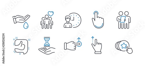 Set of People icons, such as Wash hands, Time hourglass, Survey, Touchscreen gesture, Drag drop, Working hours, Like, Hand click, Friendship, Hold heart line icons. Skin care, Sand watch. Vector