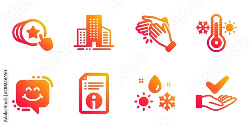 Weather, Technical info and Hold heart line icons set. Clapping hands, Buildings and Thermometer signs. Smile chat, Dermatologically tested symbols. Climate, Documentation. Business set. Vector
