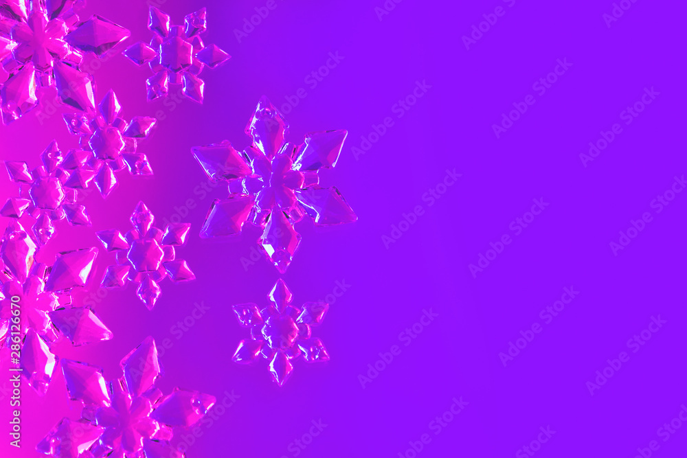Clear glass snowflakes in neon light sparse on gradient purple and pink background. Minimal christmas concept. Open composition. Copy space for text. Flat lay style. Clear glass snowflakes in neon light sparse on gradient purple and pink background. Minimal christmas concept. Open composition. Copy space for text. Flat lay style.