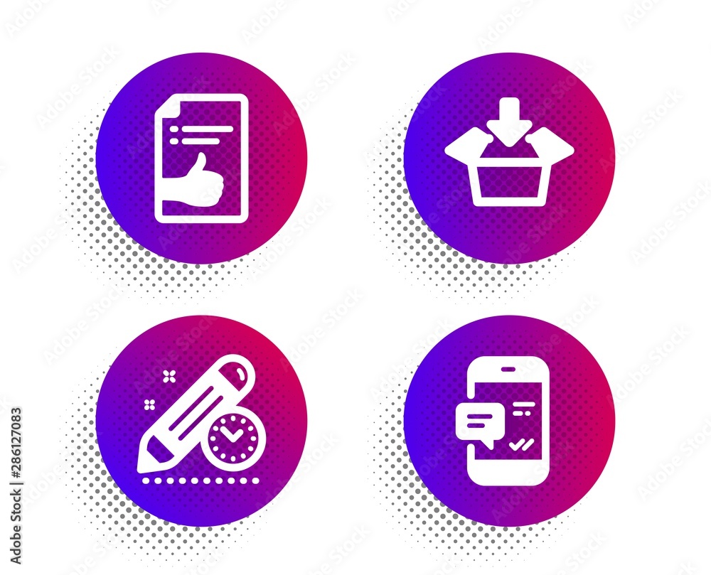 Approved document, Get box and Project deadline icons simple set. Halftone dots button. Smartphone notification sign. Like symbol, Send package, Time management. Chat message. Technology set. Vector Approved document, Get box and Project deadline icons simple set. Halftone dots button. Smartphone notification sign. Like symbol, Send package, Time management. Chat message. Technology set. Vector